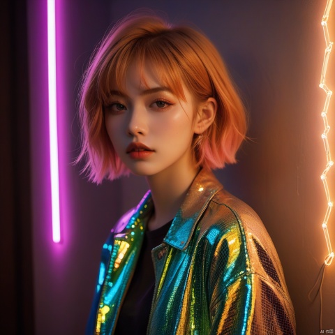 analog photo, dark shot, low key, action, (a intelligent  girl, 20 years old:1.1), strawberry blonde pixie bob hair, large breasts,reflections on the wall background, abstraction atmosphere, (prismatic, holographic:1.2), sparkles, neon pixels, (neon light:1.1), chaotic, fashion magazine, (intricate details:0.9), (hdr, hyperdetailed:1.2)