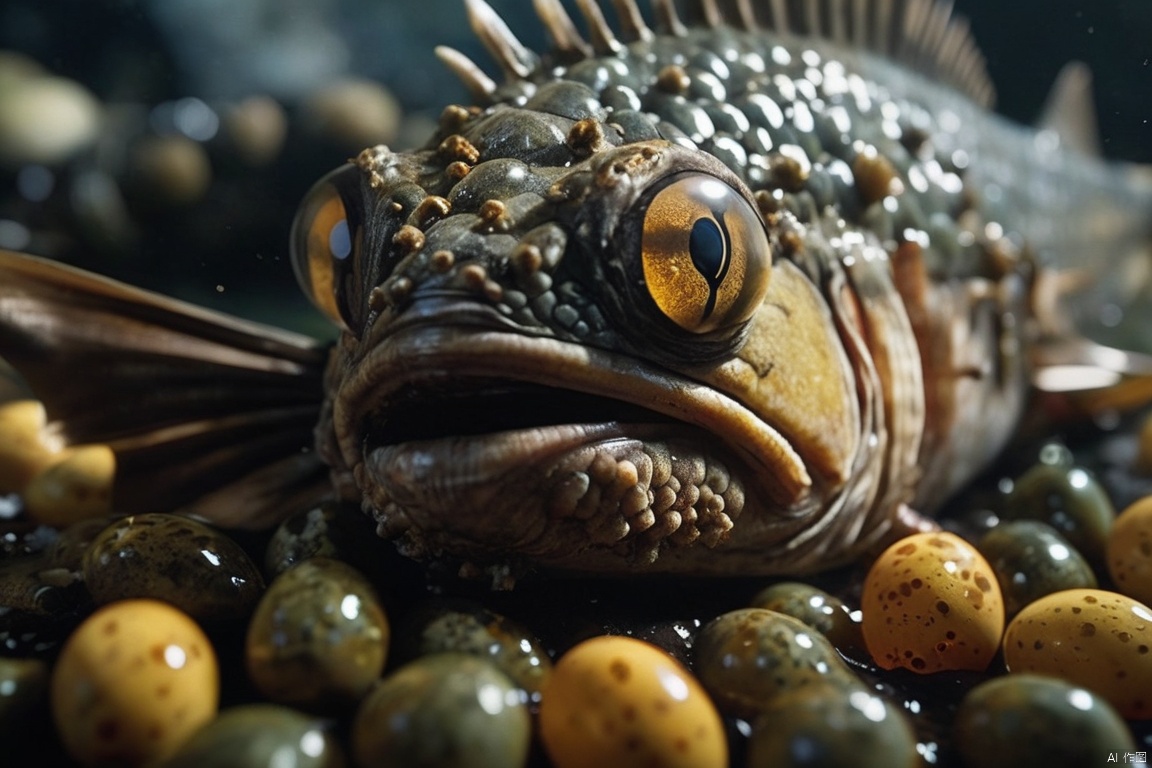  closeup cinematic still of a rotten fish ,covered in big insect and  insect eggs , thick-liquid, shot from game of thrones ,from a movie
