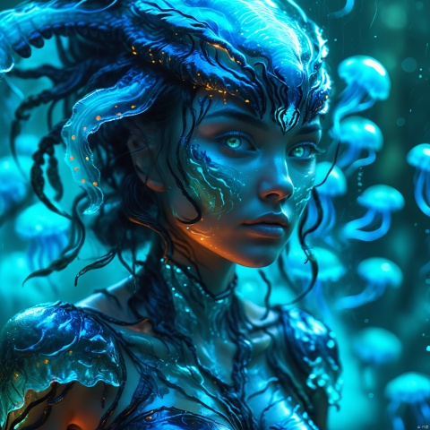  background is a dark alien forest,here is a glowing blue bioluminescent tiger girl,many glowing transparent jellyfish floating on the air, with a high-resolution, cinematic digital art style, reminiscent of epic science fiction films. detailed textures, dark color palette to emphasize the drama and intensity , best quality, ultra highres, original, extremely detailed, black smoke in the sky,rain,rainny day, dark clouds,cinematic,movie,movie film and the movie style is stunning with stunning scenes, dynamic perspectives, realistic,fantasy
