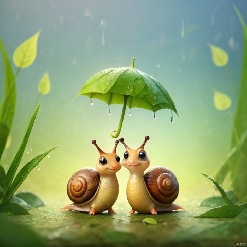 couple snails holding a leaf,rainning,simple background,3D,cute style, cute animal