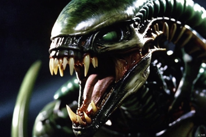  closeup cinematic still of a Xenomorph(sharp teeth, green blood) , a Predator(red blood),shot from Alien vs Predator  ,from a movie
