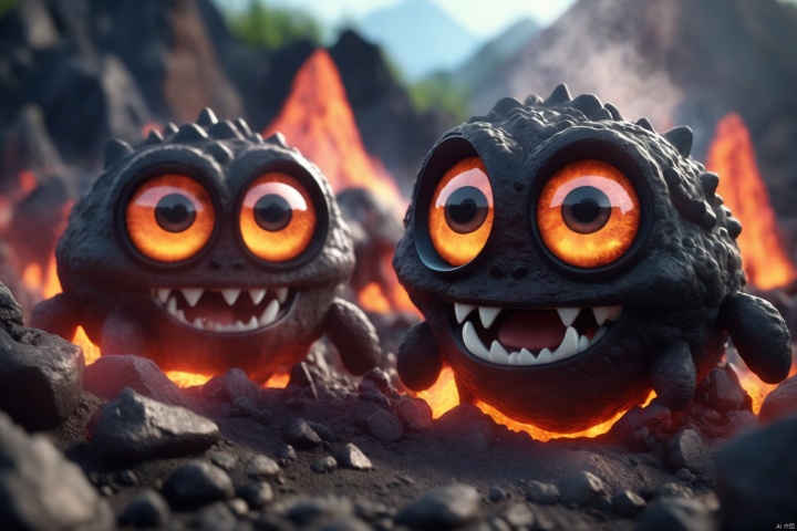  3D movie still of a dark and smokey mountain with large strange cute friendly volcanic creatures made of lava with big eyes, mouth and round teeth appearing from the ground, in the style of Pixar, macro lens, shallow depth of field, highly detailed, trending artstation, concept art, illustration, cinematic lighting, vibrant colors, photorealism, epic, octane render,4k,8k