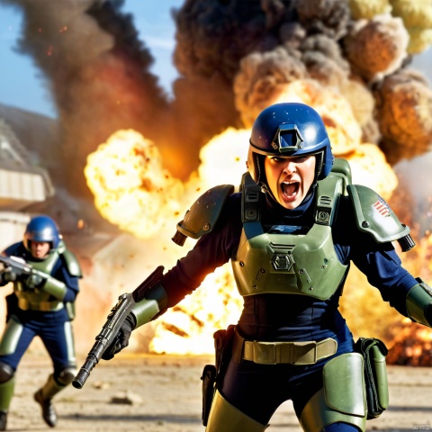female scifi space marine with helmet off, in the background soldiers are fighting, explosions. she is looking towards the camera shouting at someone. High realism. As if I was there. Photo realistic.