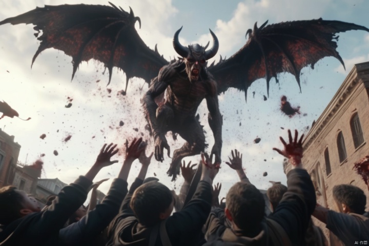 A winged demon dropping victims from the sky, watching them splatter, highly detailed 8k HDR UHD high quality professional,cinematic,from a movie,flim grain,dark theme,