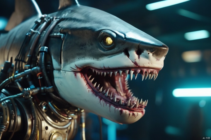  closeup cinematic still ,Fantasy, cyberpunk style, semi mechanical humanoid creatures (shark heads), mechanical creatures, glowing pipelines and exoskeletons,  shot from cinema ,from a movie