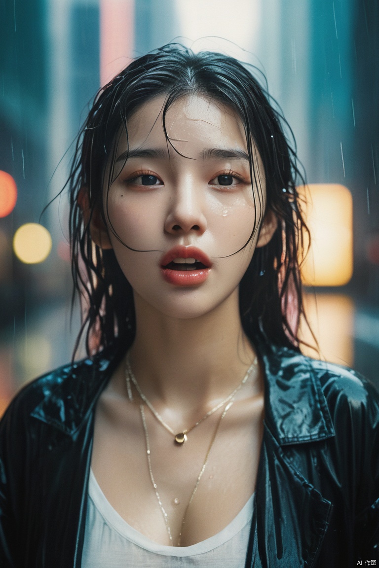  rainny day,A drenched girl was standing in cityscape,with her mouth open, her eyes half closed, panting, blushing,licking lips,drooling, earing,necklace,straight teeth,large breasts,realistic, light master, ((sweat, wet)),  close up,blur,raining,  wet hair, wet clothes, mist,neon lights, dark alleys, skyscrapers, futuristic, vibrant colors, high contrast, highly detailed, Movie Still,Polaroid photo,film grain