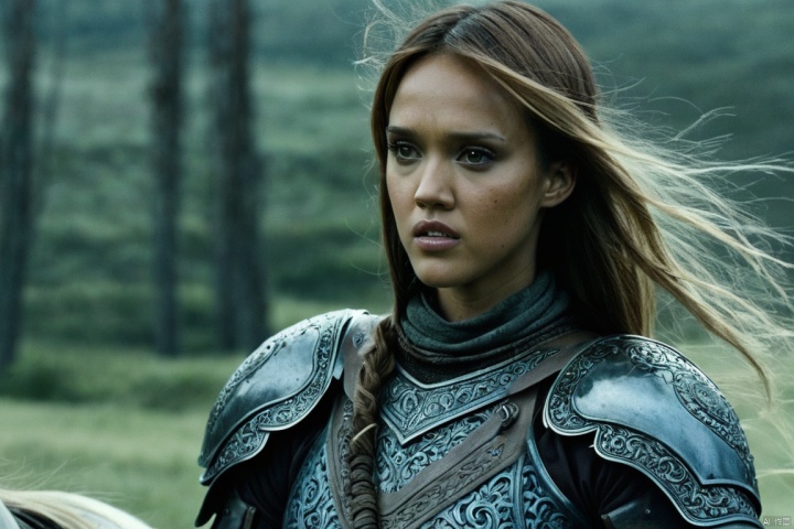  closeup cinematic still of Jessica Alba , in an armor , riding a horse, shot from game of thrones , perfect eyes , from a movie