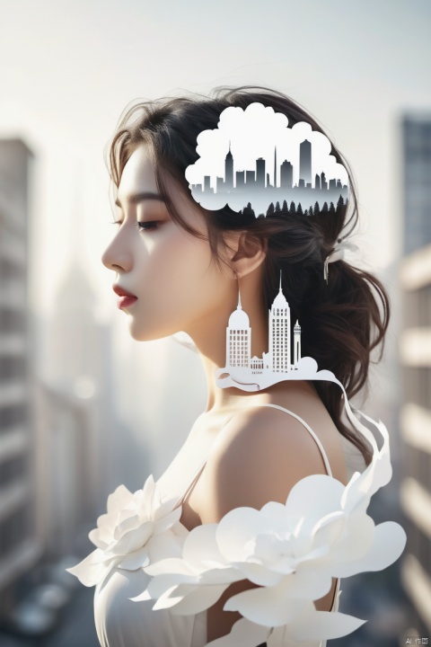 Artistic beauty, pure white background, (paper decoration craft style: 1.3), silhouette of a girl's bust, with a city scene shrouded in morning mist inside the silhouette, dual exposure, realistic style,