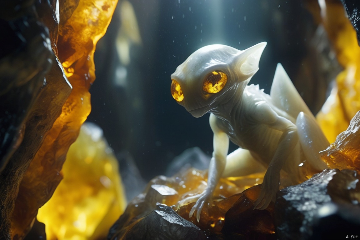 Science fiction elements, close-up shots, unknown caves, white crystals wrapped in a semi transparent amber in the center (a juvenile alien creature can be vaguely seen in the yellow amber), (pointed, without eyes, a vertical mouth: 1.4), (it is soaked in unknown liquid: 1.4), realistic, cinematic,