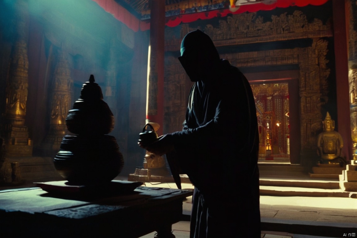 medium shot of , directed by directors cinemastyles, A shadowy figure stealing sacred artifacts from a temple.
﻿