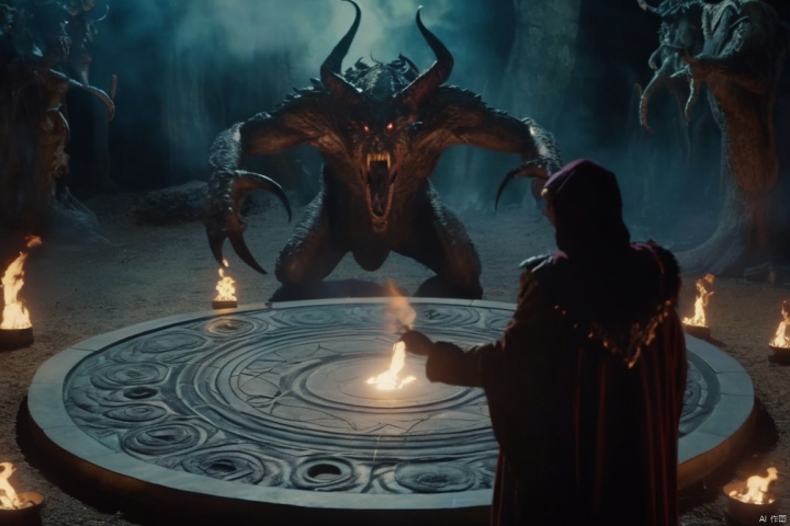 screenshot of A summoner calling forth a demonic creature from a magical circle., directed by directors cinemastyles,cinimatic,from a movie,movie still,

﻿