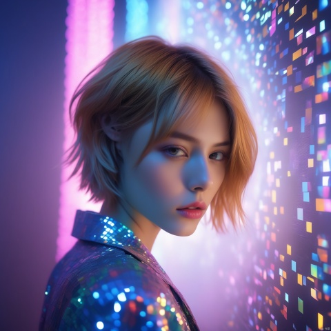  analog photo, dark shot, low key, action, (a intelligent afghan girl, 20 years old:1.1), strawberry blonde pixie bob hair, huge tits, fit, reflections on the wall background, abstraction atmosphere, (prismatic, holographic:1.2), sparkles, neon pixels, (neon light:1.1), chaotic, fashion magazine, (intricate details:0.9), (hdr, hyperdetailed:1.2)
