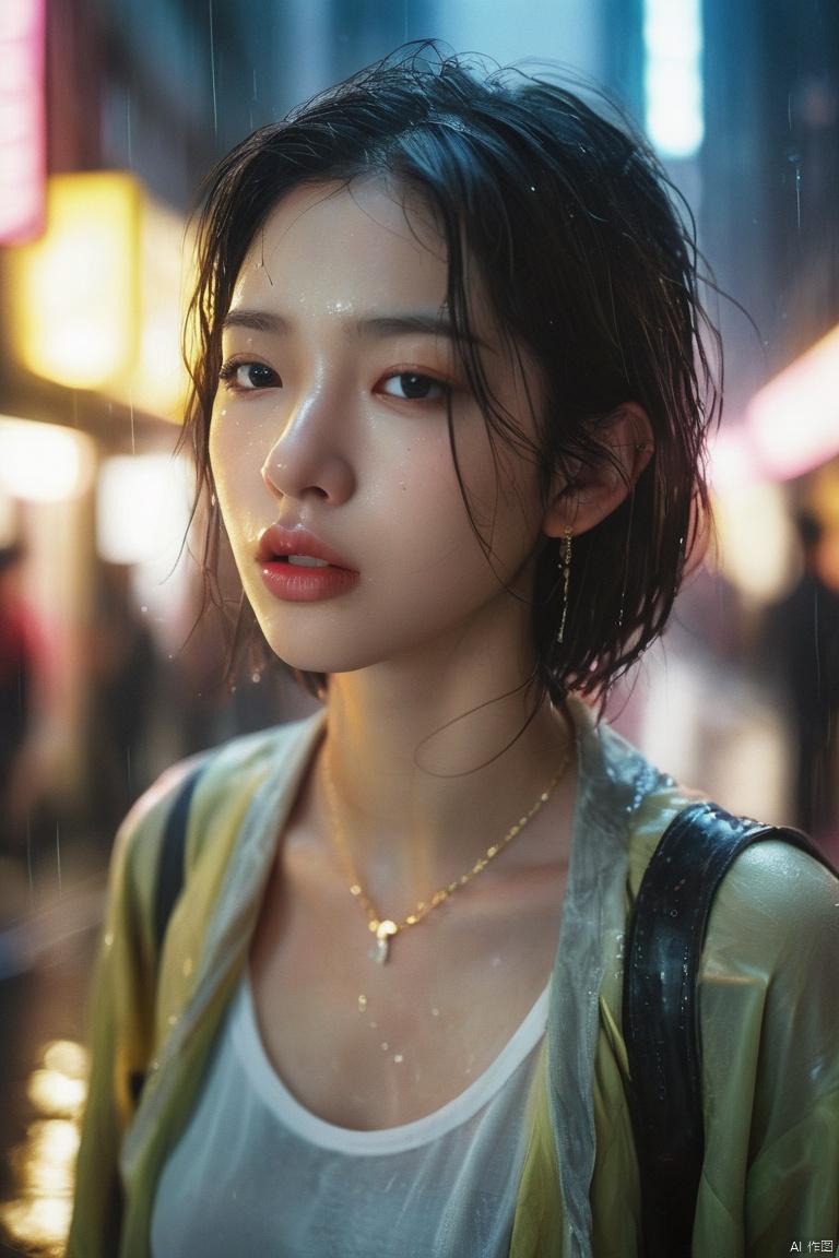  A drenched girl was standing in cityscape,with her mouth open, her eyes half closed, panting, blushing,licking lips,drooling, earing,necklace,straight teeth,large breasts,realistic, light master, ((sweat, wet)), looking down,  raining,  wet hair, wet clothes, mist,neon lights, dark alleys, skyscrapers, futuristic, vibrant colors, high contrast, highly detailed, Movie Still