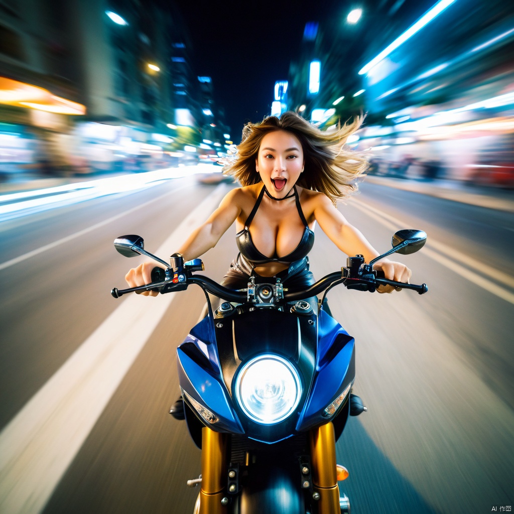 a beautiful women driving motorcycle very fast in city street at night,floating hair,looking at viewer,excited expression,large breasts,cleavage,energy exploding, ,Time travel,speed lines,(motion blur:1.1), (dynamic:1.1), (taken by go pro:1.3), (taken by 7.5mm fisheye lens:1.1), high-resolution,Photorealistic,realistic,analog style,realistic,film photography,soft lighting,best quality,ultra detailed,master piece