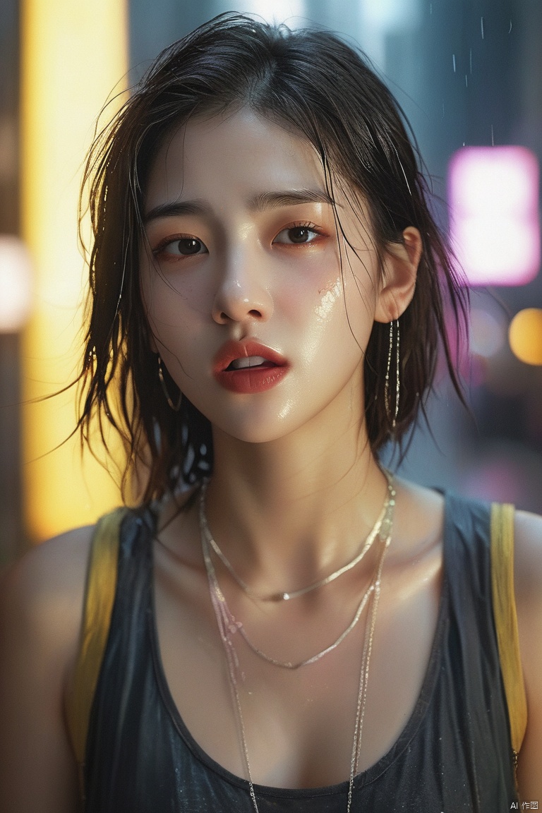  A drenched girl was standing in cityscape,with her mouth open, her eyes half closed, panting, blushing,licking lips,drooling, earing,necklace,straight teeth,large breasts,realistic, light master, ((sweat, wet)), looking down,  close up,blur,raining,  wet hair, wet clothes, mist,neon lights, dark alleys, skyscrapers, futuristic, vibrant colors, high contrast, highly detailed, Movie Still