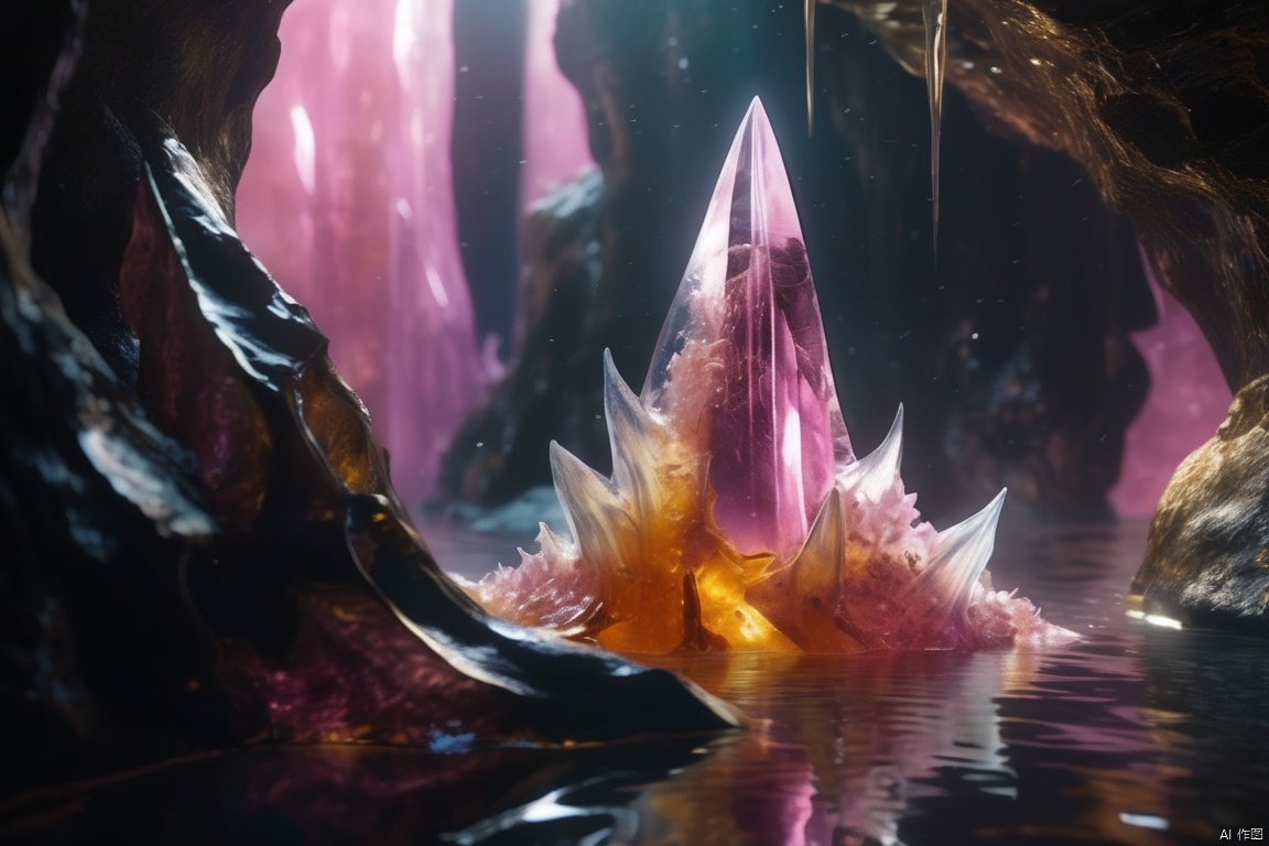  Science fiction elements, close-up shots, unknown caves, white crystals wrapped in a semi transparent amber in the center (a Animal dorsal fins can be vaguely seen in the pink amber), (pointed, without eyes, a vertical mouth: 1.4), (it is soaked in unknown liquid: 1.4), realistic, cinematic,