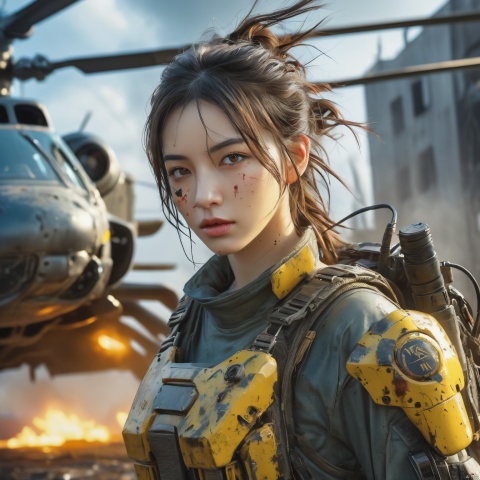  Postapocalyptic combat scene with a Beautiful hyperrealistic photograph of cute Young woman, ((dirty face Blood splattered)), (((wearing full heavy mecha armor, combat harness, Neon highlights) )) , combat pose, (((Holding on to the side of a combat Sci-Fi Combat helicopter) )), exterior of Destroyed building, Fires, Smoke, debris, Camo netting, Ammo Boxes, Rain, Stormy, Wet, abstract beauty, near perfection, pure form, intricate detail, 8k post-production, High resolution, super Detail, trending on ArtStation, sharp focus, studio photos, intricate detail, Very detailed, By Greg Rutkowski, xxmix_girl
