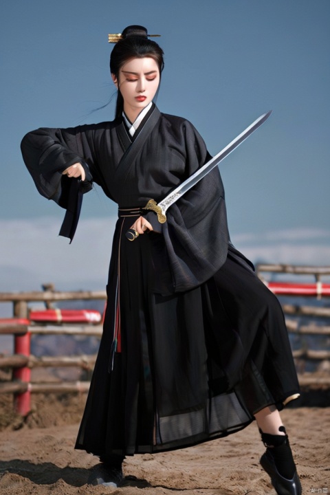 impactful paint of The Chinese swordaswoman,traditional wuxia attire,ancient Chinese warrior,martial arts master,wearing silk robes,holding a jian (Chinese sword),poised stance,serene expression,classic Chinese landscape background,historical Chinese architecture,wuxia style elements on a horse in a country road,highly detailed,2k,sharp,professional,clear,high contrast,high saturated,vivid deep blacks,crystal clear,