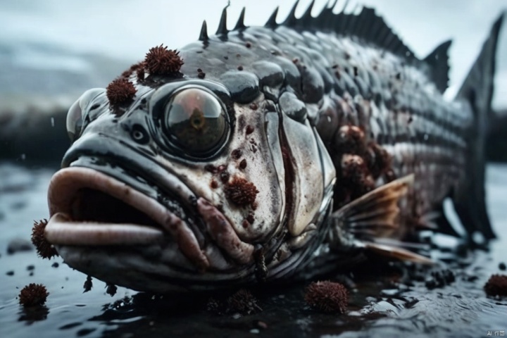  closeup cinematic still of a rotten fish ,covered inCovered in ants and tumors, shot from game of thrones ,from a movie