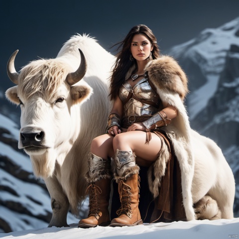  Portrait photography, a  beautiful barbarian warrioress,sitting next to her big white war yak. Tan boots and armor of brown leather and fur. Snowy mountain ledge path sketched background. Volumetric and dynamic lighting. Hyperrealistic photorealistic hyperdetailed maximalist masterpiece. Incredible dark romance fantasy, xxmix_girl