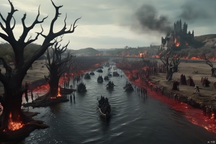  closeup cinematic still ,scenes of hell, black and red, huge withered trees, red river water extending towards the horizon, countless undead spirits marching in the river water, corpses everywhere, skeletons, floating ghostly flames, shot from game of thrones ,from a movie
