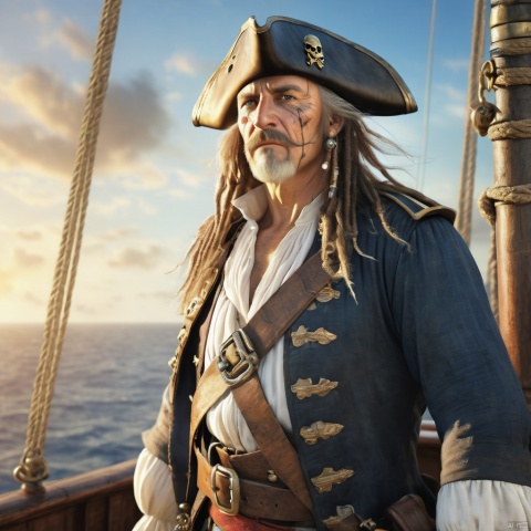 A pirate captain standing proud in his ship, looking at the horizon, his skin shows scars of his numerous battles, the vessel is old but strong, photorealistic, highly detailed,