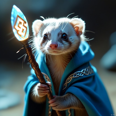  a mystic cute ferret wearing a cloak,holding a staff covered in glowing celtic runes looking up at the viewer presenting a blue glowing rune stone, (questioning:1.1) (inviting:1.2), fur,high-resolution,big eyes,Photorealistic,realistic,analog style,realistic,film photography,soft lighting,best quality,ultra detailed,master piece