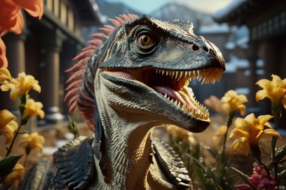  [ (by Louis Janmot:1.1) | (Yoshitaka Amano:0.9) | (Paul Henry:1.0) ], Unreal Engine, VRay, Delicate Evil (Velociraptor:1.2) , warm background,flowers, Snowy, split diopter, Ultra Detailed, Fearful,Dramatic spotlight, F/5, Single Color, masterpiece, digital cinematic color grading natural lighting cool shadows warm highlights soft focus actor directed 4k IMAX cinematography dolbyvision

