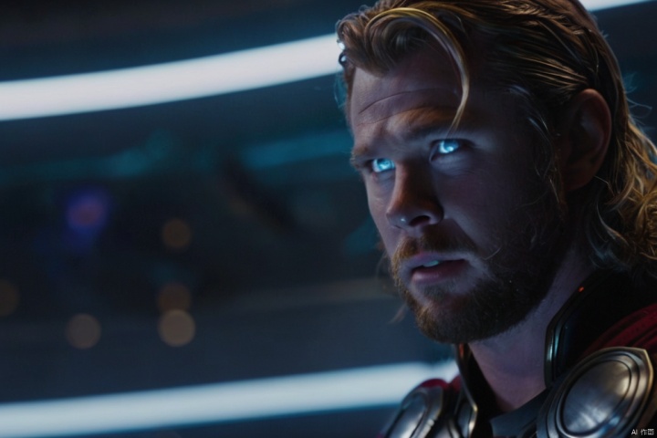  two man,closeup cinematic still of  Thor,glowing eyes, shot from The Avengers ,from a movie