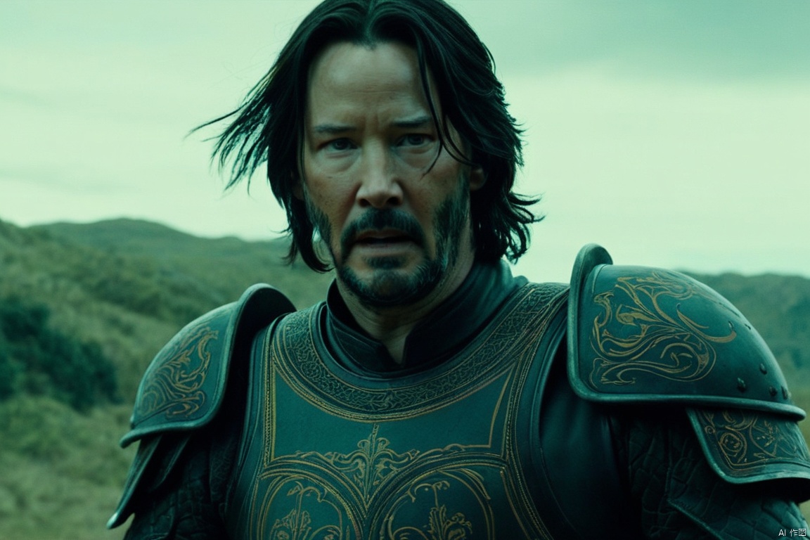 closeup cinematic still of Keanu Reeves , in an armor , riding a horse, shot from game of thrones , perfect eyes , from a movie