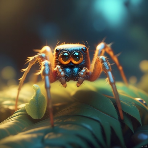  a close up of cute spider with big glowing eyes, inspired by Marek Okon, fantasy art, fantasy surreal photography cute, golden eyes, deep eyes, in style of beeple, jessica rossier and brian froud, rendered in keyshot, from pathfinder, epic full color illustration, full color illustration, octane render