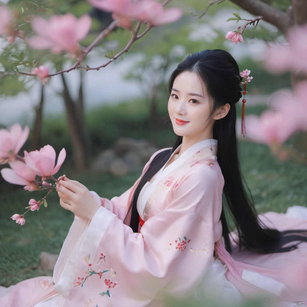  from above,medium shot through pink flowers,blur, wide shot, photograph, a beautiful with long black hairs,chinese clothes,hanfu, under a tree, green leaf with some small white flowers,smile,lying down