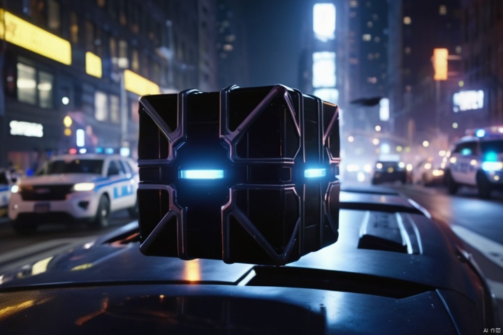  closeup cinematic still,Science Fiction Style ,in New York city,a black glowing alien cube floating in the sky  at night,  surrouded by police cars and warning lines, shot from a science fiction film