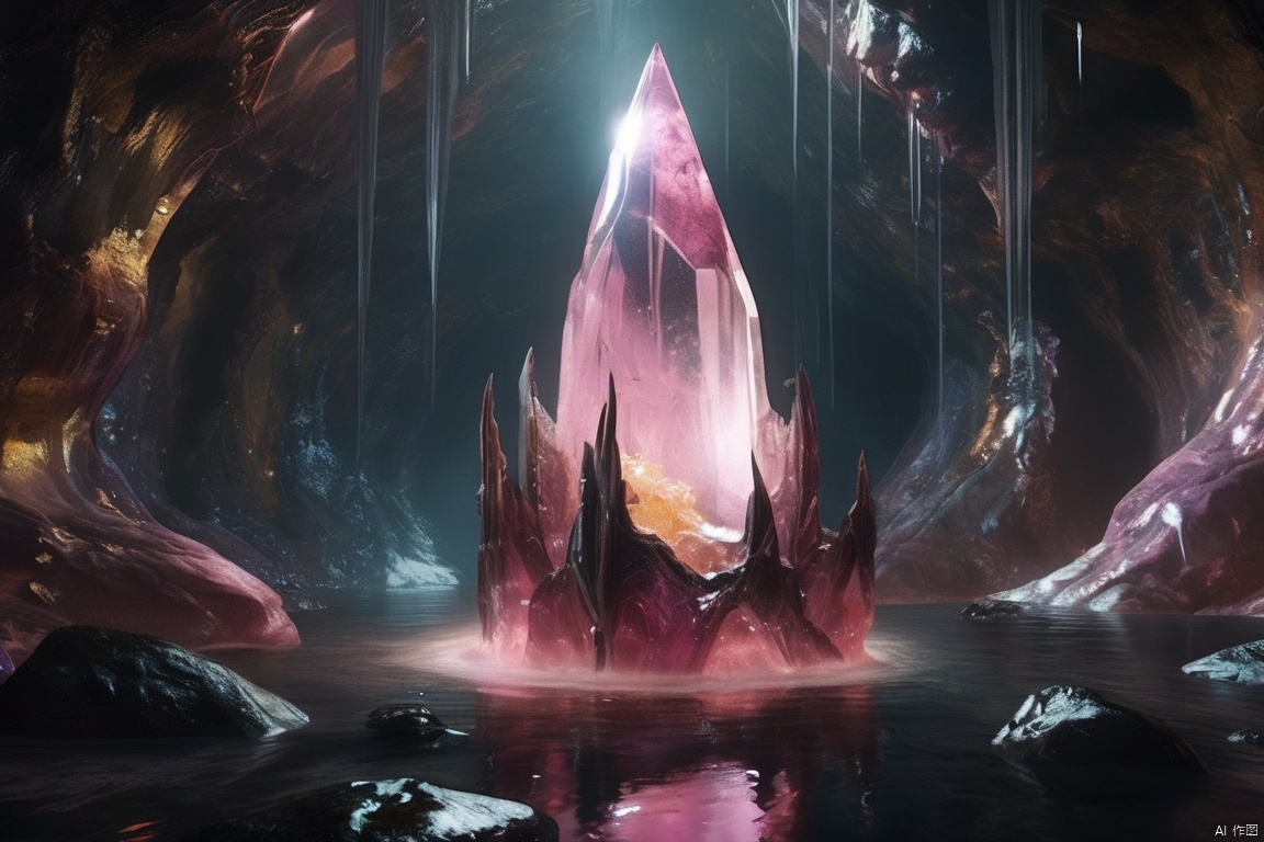 Science fiction elements, close-up shots, unknown caves, white crystals wrapped in a semi transparent amber in the center (a giant alien monster can be vaguely seen in the pink amber), (pointed, without eyes, a vertical mouth: 1.4), (it is soaked in unknown liquid: 1.4), realistic, cinematic,