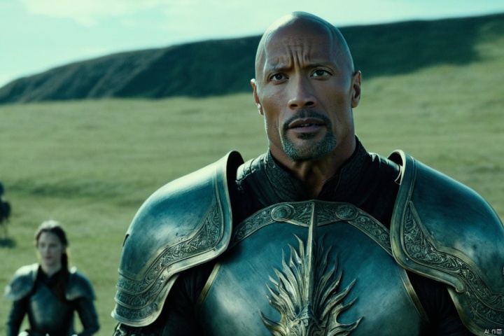  closeup cinematic still of Dwayne Johnson , in an armor , riding a horse, shot from game of thrones , perfect eyes , from a movie