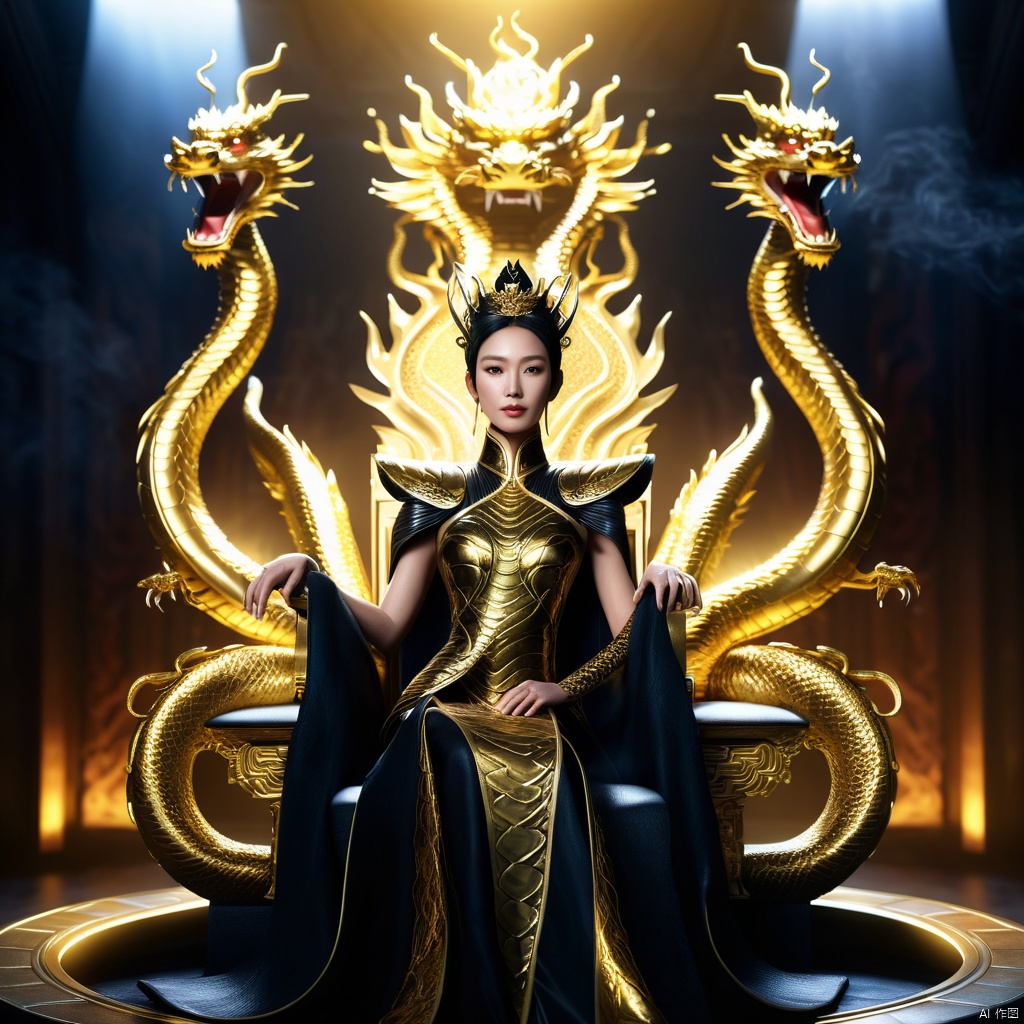 high contrast,natural light,A very beautiful Asian female queen sitting on a black throne made of gold, with a serpent-dragon like elements and design, intricate details, dramatic lighting, hyperrealism, photorealistic, cinematic, 8k sharp focus, unreal engine 5 effects
