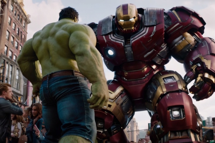 closeup cinematic still of Hulkbuster standing with hulk, shot from The Avengers ,from a movie