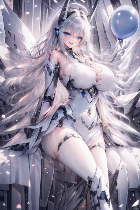  1girl, solo, balloon, blue eyes, smile, long hair, open mouth, white hair, heart, mecha musume, dress, heart hands, bangs, sky, looking at viewer, happy birthday, gloves, white dress, confetti, boots, wingsTT, TT, Pink Mecha