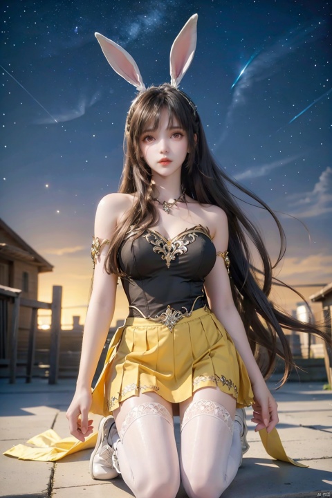  1 girl, animal ears, bangs, bare shoulders, closed mouth, skirt, eyebrows, visible hair, body, hair between the eyes, hair ornaments, long hair, look at the audience, rabbit ears, black hair flying in the wind, alone, kneeling, starry sky, very long hair, white shoes, yellow skirt, black eyes