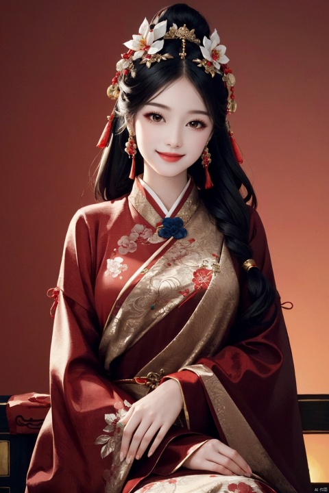 1girl,( solo :1.2), red 
 sweater , sweater , sitting , grin , smile , chinese new year , jewelry , tassel , lantern , make up , hair 
 ornament ,( realistic ,4K
 resolution , masterpiece , top quality , best 
 quality , official art , beautiful and 
 aesthetic ), photorealistic , red background , paper lantern , eastern dragon