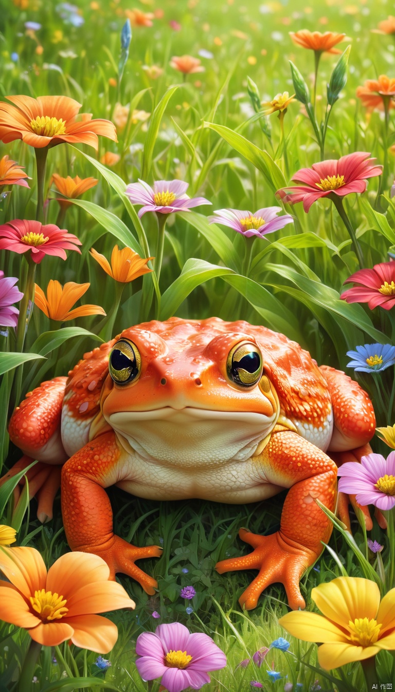 Full body illustration of ultra realistic very detailed cute orange red toad with big green very detailed dreamy cosmic eyes hiding in a very realistic very detailed colorful field of flowers in a realistic very detailed meadow, realistic very detailed grass, realistic very detailed trees, highest contrast, masterpiece, 32k, high contrast, vibrant colors, vivid colors, high resolution textures, crisp colors, ultra sharp, sharp focus,