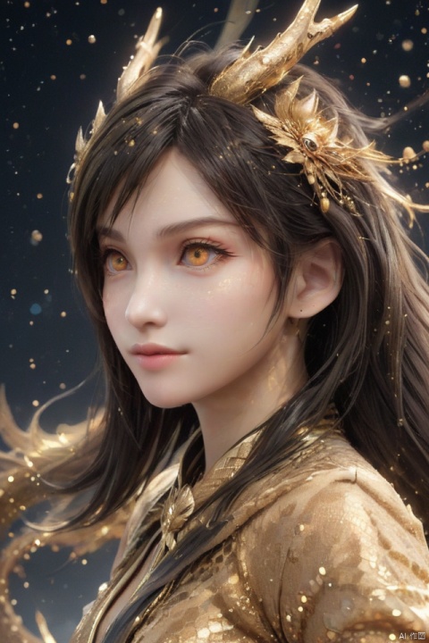  masterpiece,best quality,1girl,dragon girl, 
particles,no humans, simple background, solo, animal, from side, shining eyes,flying,eastern_dragon girl, particles,golden theme, 