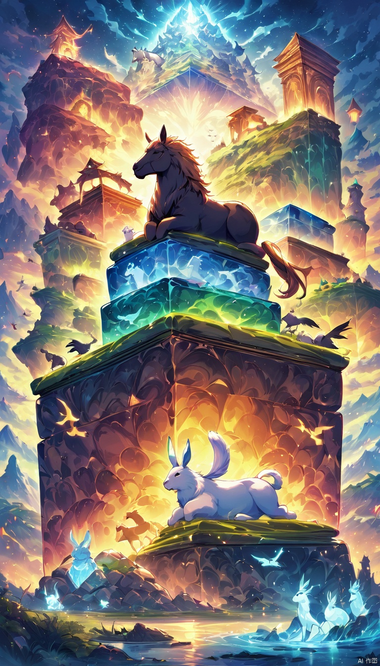 colorful translucent mable cube stack,carved with animals, lion,horse, rabbit,bird,squalo, glowing,Fantasy illustration style, transports viewers to imaginative worlds, epic landscape, and heroic adventures, sparks wonder and inspiration