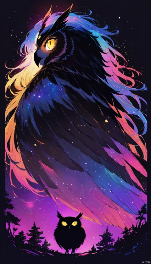 girl, realistic,  glowing frame, backlight colors, silhouette colors, cosmic frame, powerful owl, profile in a frame, silhouette, backlighting, vibrant,magical night sky, illustration, soft, beautiful, dreamy, realistic, professional, simple, twinkling night sky, extremely detailed, hyper detailed, illustration, half finished sketch, half colored sketch, anime, masterpiece, bright colors, high contrast, vivid lighting, dark background, simple background, mad-spiral-galaxy,