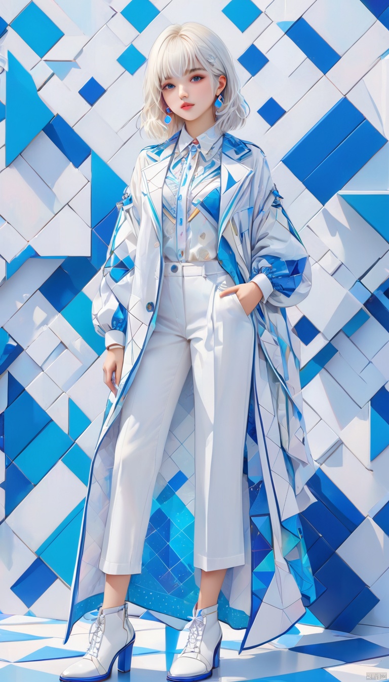 a girl white and blue fashion outfit, colorful geometry background, highly detailed, ultra-high resolutions, 32K UHD, best quality, masterpiece, 