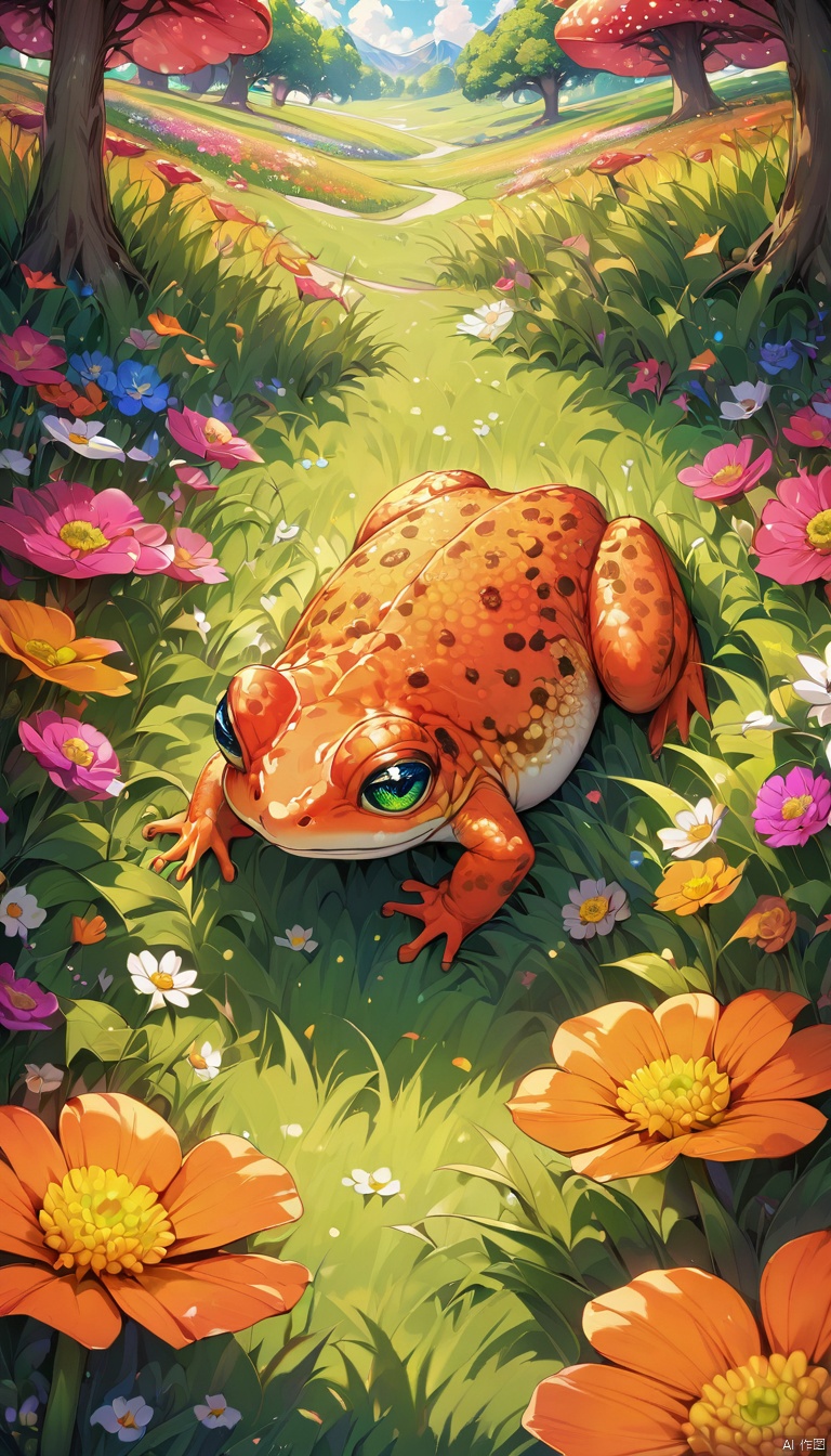 Full body illustration of ultra realistic very detailed cute orange red toad with big green very detailed dreamy cosmic eyes hiding in a very realistic very detailed colorful field of flowers in a realistic very detailed meadow, realistic very detailed grass, realistic very detailed trees, highest contrast, masterpiece, 32k, high contrast, vibrant colors, vivid colors, high resolution textures, crisp colors, ultra sharp, sharp focus,