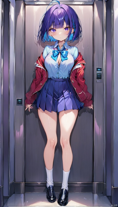 //Quality, masterpiece, best quality, detailed ,//Character, ,IbukiMio, 1girl, solo, breasts, short hair, bangs, blue eyes, blue hair, purple eyes, ahoge, shiny hair ,//Fashion, school uniform, red jacket, open clothes, blue bow, collared shirt, pleated skirt, black footwear, white socks ,//Background, Elevator, closed room, summer ,//Others,