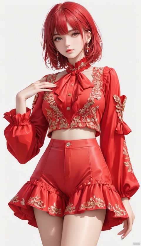  a girl wearing red fashion outfit, white background, highly detailed, ultra-high resolutions, 32K UHD, best quality, masterpiece, 