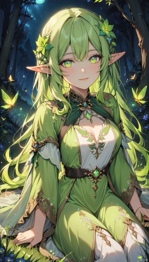 //quality, (masterpiece:1.4), (detailed), ((,best quality,))//,1girl,(elf:1.3),//,light_green_hair,hair_flowers,beautiful detailed eyes,glowing eyes,(green eyes:1.2),//,ethereal clothes,//,light smile,//, sitting on grassland,//, forest, flowers, (firefly:1.3) ,glow,(night:1.21),scenery