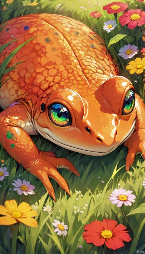 Full body illustration of ultra realistic very detailed cute orange red toad with big green very detailed dreamy cosmic eyes hiding in a very realistic very detailed colorful field of flowers in a realistic very detailed meadow, realistic very detailed grass, realistic very detailed trees, highest contrast, masterpiece, 32k, high contrast, vibrant colors, vivid colors, high resolution textures, crisp colors, ultra sharp, sharp focus,